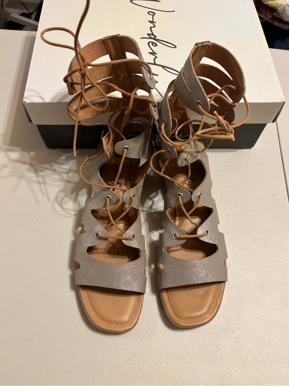 Wonderly Lace-Up Gladiator Sandals in Metallic Gray and Tan 7